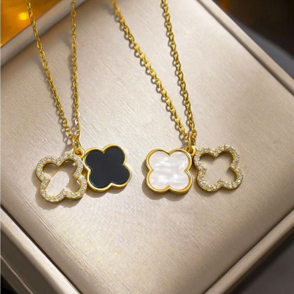 18K Gold Plated Diamond White Clover Necklace - Picture 5 of 5